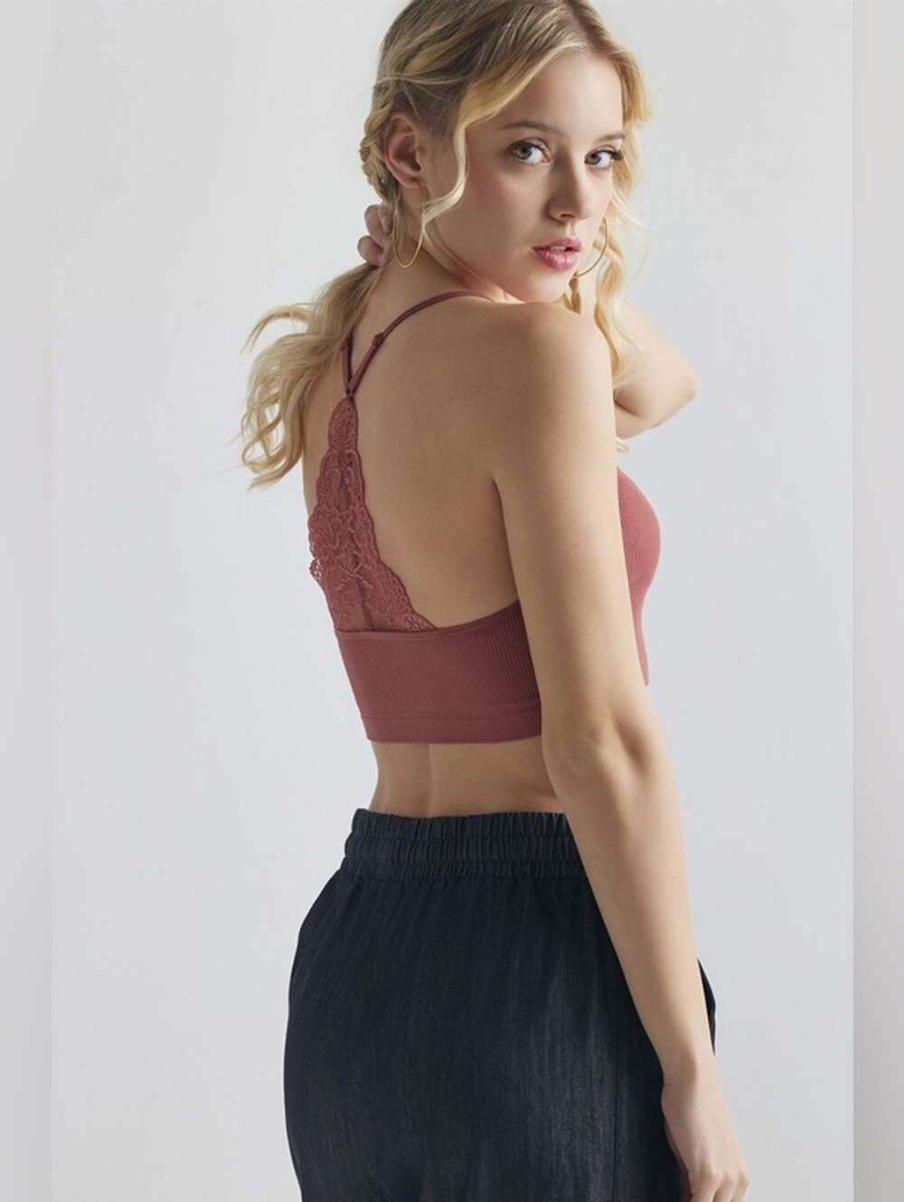 6-0605 Ribbed Lace Racerback Bralette in Dusty Rose